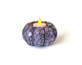 Mosaic Purple Stained Glass Fall Tea Light Pumpkin Figurine, Halloween And Thanksgiving Decor, Autumn Table Scape, Self Sitter, Art Decor