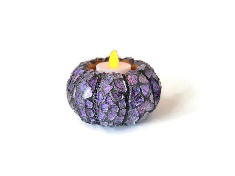 Mosaic Purple Stained Glass Fall Tea Light Pumpkin Figurine, Halloween And Thanksgiving Decor, Autumn Table Scape, Self Sitter, Art Decor zdjęcie 1