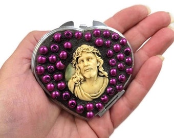 Mosaic Jesus Cameo Double Sided Heart Make Up Mirror With Purple Beads, Religious Compact Mirror, Hand Held, Catholic, Christian Gift Easter