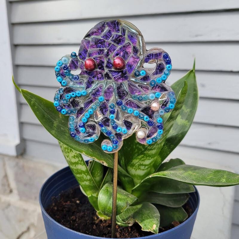 Octopus Stackable Markers Handmade Stained Glass Octopus Plant Stake Marker Beaded Faux Pearl ...