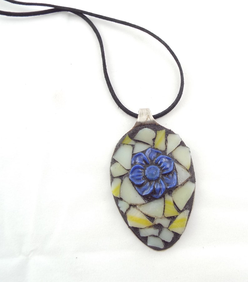 Spoon Jewelry Mosaic Blue Flower Jewelry Art Pendant Etsy