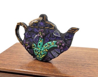 Mosaic Christmas Ornament, Teapot Ornament With Flowering Cactus, Purple Stained Glass, Holiday, Tea Lover, High Tea Ornament, Boho Gift,