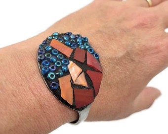 Mosaic Spoon Cuff Bracelet, Stained Glass & Beads, Adjustable Jewelry