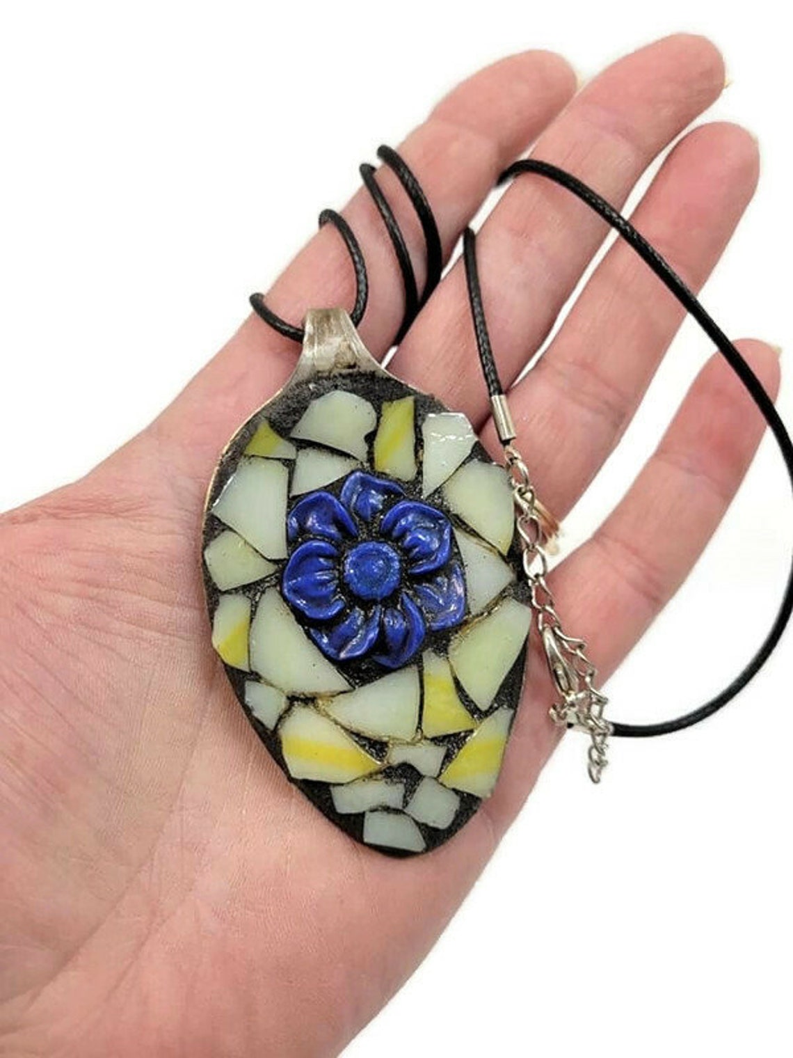 Large Mosaic Yellow Stained Glass With Blue Clay Rose Spoon Etsy