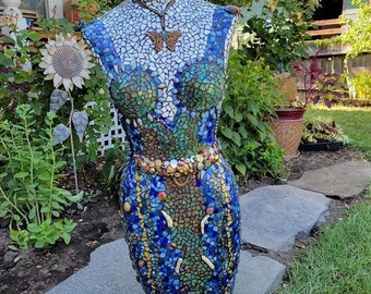 Tall Mosaic Mannequin Art Sculpture 34 Inch Stained Glass Statue Jeweled Beaded Mermaid Home Decor Vintage Jewelry Ocean Butterfly Mermaid