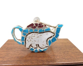 Mosaic Teapot Christmas Ornament, Ornament With White Polar Bear, Stained Glass, Holiday, Tea Lover, High Tea Ornament, Gift, Arctic Scene