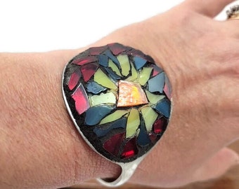 Adjustable Mosaic Stained Glass Flower Spoon Cuff Art Bracelet, Jewelry, Hippie Boho Style, Gift, Birthday, Red Blue Yellow and Orange, Star