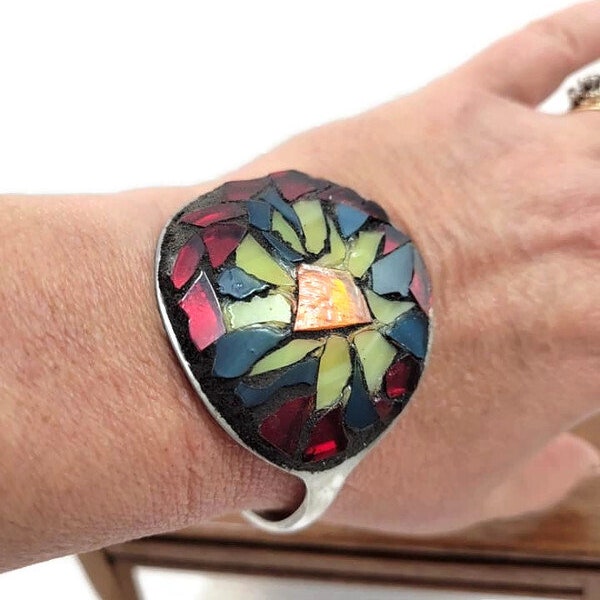 Adjustable Mosaic Stained Glass Flower Spoon Cuff Art Bracelet, Jewelry, Hippie Boho Style, Gift, Birthday, Red Blue Yellow and Orange, Star