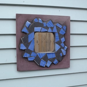 Mosaic Mirror With Vintage Tile And Purple Wooden Frame, Blue and Black, Square, Hallway, Home Decor, Entry Way, Dorm, House Warming Gift image 3