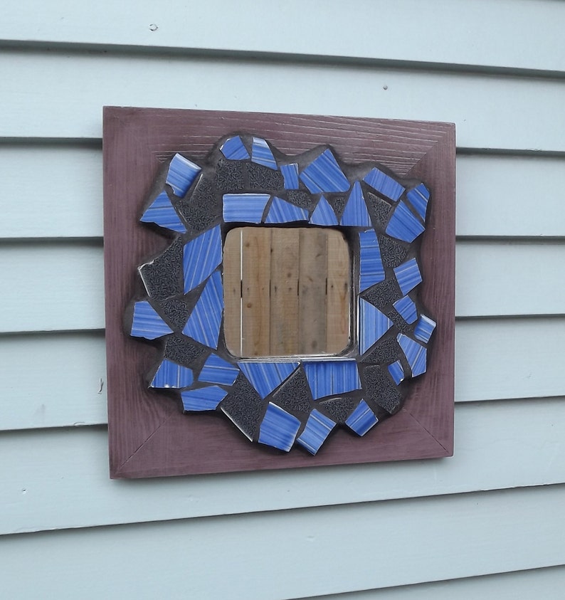 Mosaic Mirror With Vintage Tile And Purple Wooden Frame, Blue and Black, Square, Hallway, Home Decor, Entry Way, Dorm, House Warming Gift image 3