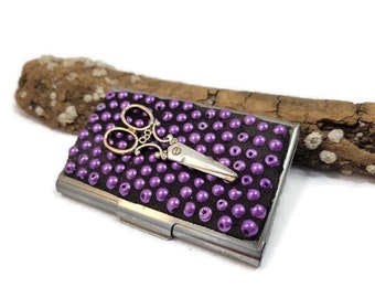 Business Card Holder, Purple Beads, Scissor Charm, Seamstress Gift, Card Holder, Hair Stylist, Art, Mosaic, Desk, First Job, Promotion, box