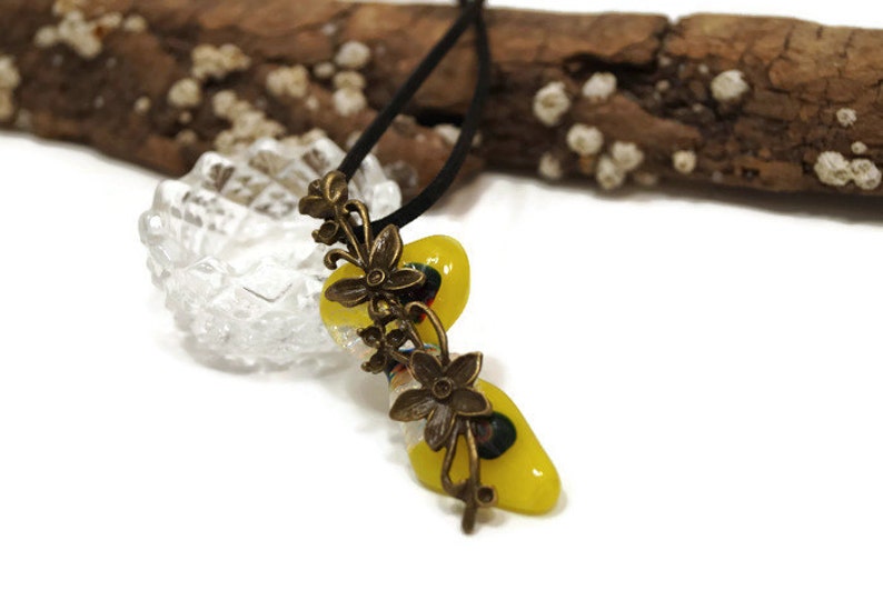 Yellow Fused Glass With Flower Charm Pendant Necklace, Dichroic, Irregular, Long, Funky Fashion, Nature Jewelry, Clear With Gold, Boho Vibe image 7