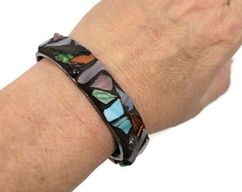 Handmade Stained Glass Mosaic Cuff Bracelet, Upcycled Spoon Handle