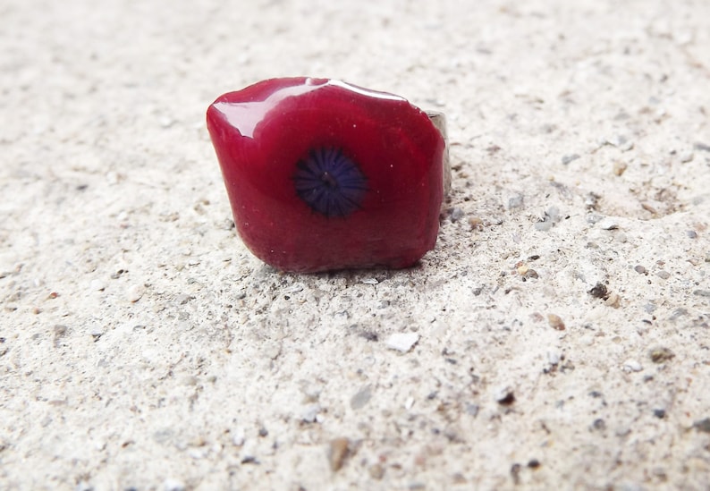 US Size 7 Red Fused Glass Ring With Flower, Hematite Band, Teen Ring, Unisex, Fun, Fashion, Jewelry, Free Spirit, Hippie, Boho, Beach Vibe image 5