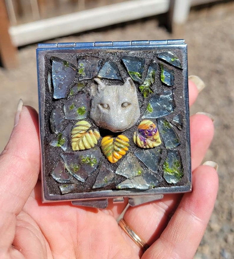 Mosaic Double Sided Compact Mirror With Clay Wolf Totem And Autumn Leaves, Clear With Green Stained Glass, Make Up, Square, Forest, Nature image 5