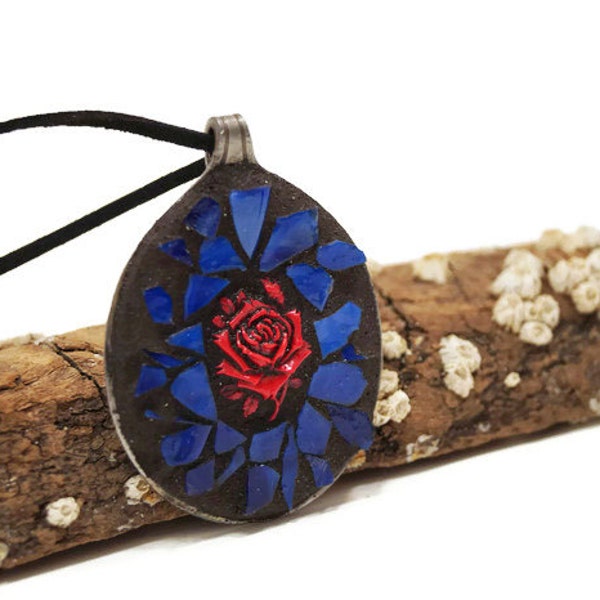 Red Rose With Blue Stained Glass Mosaic Spoon Pendant Necklace, Jewelry, Wearable Art, Cameo Rose, Victorian. Oval, Round, Gothic, Gift, Art