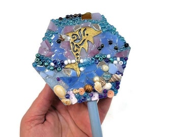 Mosaic Resin Dolphin Indoor Hexagon Potted Plant Stake, Beach Ocean Scene Wooden Garden Marker, Calming Water Sea Animal With Shells, Gift