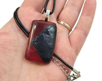 Red and Black Fused Glass Pendant Necklace, Geometric Boho Jewelry