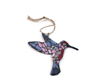 Mosaic Hummingbird Christmas Ornament, Bird, Blue Pink Red Stained Glass, Miniature Hanging Hummingbird, Country Living, Gift, Boho, Home