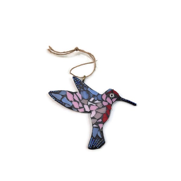 Mosaic Hummingbird Christmas Ornament, Bird, Blue Pink Red Stained Glass, Miniature Hanging Hummingbird, Country Living, Gift, Boho, Home