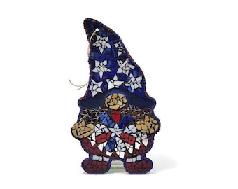 Patriotic Mosaic Gnome With Stars Wall Hanging, Independence Day Decor, Red White And Blue Stained Glass, 4th Of July Art, Elf Pixie Fairy