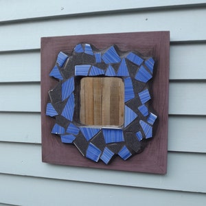Mosaic Mirror With Vintage Tile And Purple Wooden Frame, Blue and Black, Square, Hallway, Home Decor, Entry Way, Dorm, House Warming Gift image 1