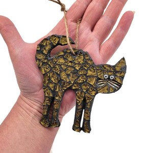 Adorno navideño de gato en mosaico, gatito de Halloween dorado y naranja, etiqueta de regalo, vitral felino, decoración navideña para el hogar, cumpleaños, Día de la Madre, amantes de los gatos