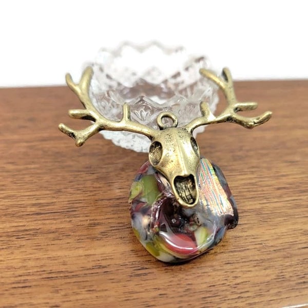 Multi Colored Fused Glass Deer Skull Charm, Hunter, Halloween, Bronze Tone Skull, Antlers, Dichroic, Large, Costume, Gothic, Jewelry Making