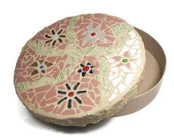 Large Mosaic Round Bentwood Flower Keepsake Box, Spring Wedding, Treasure, Container, Pink Green White, Woman's Gift, Anniversary, Art Box