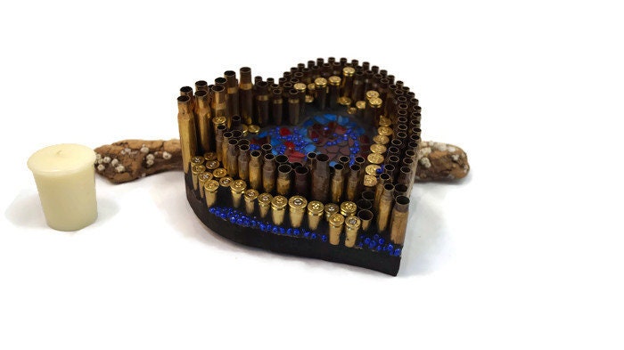 Gun Shell Casing Mosaic Heart Valentine Stained Glass Paper Weight Love Military Father's Day Anniversary Gift Country Living Hunter Gift