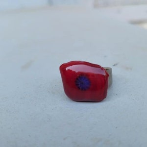 US Size 7 Red Fused Glass Ring With Flower, Hematite Band, Teen Ring, Unisex, Fun, Fashion, Jewelry, Free Spirit, Hippie, Boho, Beach Vibe image 9