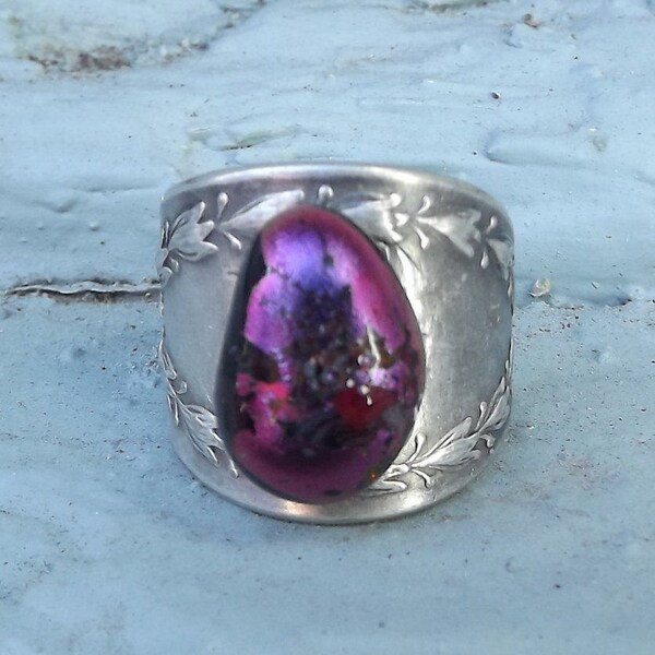 Reserved for Pam Silverware Fused Glass Ring, Purple Glass Ornate Band, Purple Gothic Ring, Spoon Ring