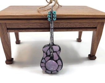 Mosaic Miniature Guitar, Pink Guitar Ornament, Christmas, Folk Art Guitar, Acoustic Guitar, Stained Glass Guitar, Picker Music Gift, Music