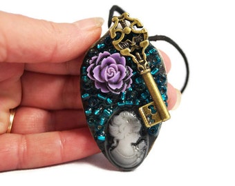 Large Spoon Cameo Pendant Necklace With Key Charm Surrounded By Beads And Purple Flower, Jewelry, Art, Victorian, Ornament, Gothic, Romantic