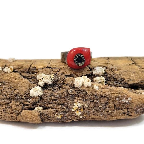 Red Fused Glass Evil Eye Ring, Boho Hippie Jewelry, Size 6