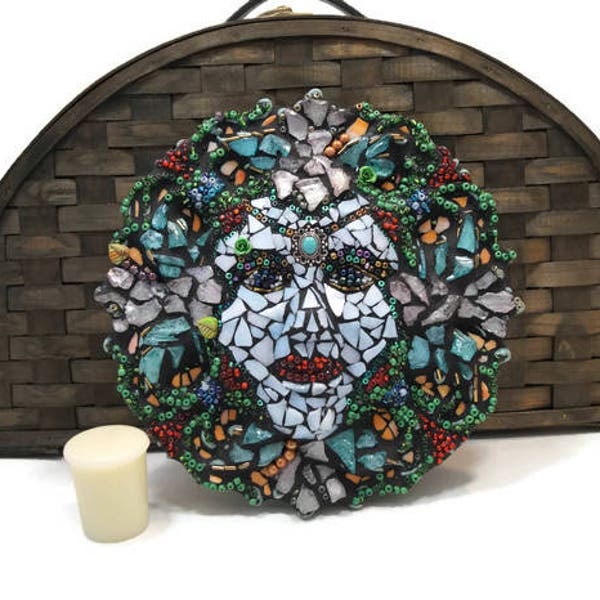 Nature Lady Mask, Garden Mosaic, Patio Decor, Home Decor, Mosaic Wall Hanging, Fairy Tale Mosaic, Mythical, Stained Glass Art, Enchanted