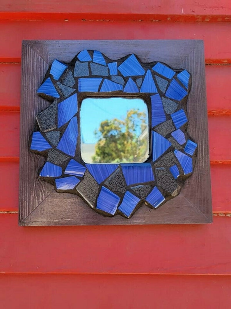 Mosaic Mirror With Vintage Tile And Purple Wooden Frame, Blue and Black, Square, Hallway, Home Decor, Entry Way, Dorm, House Warming Gift image 4