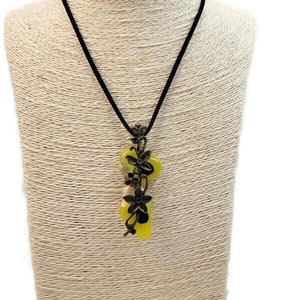 Yellow Fused Glass With Flower Charm Pendant Necklace, Dichroic, Irregular, Long, Funky Fashion, Nature Jewelry, Clear With Gold, Boho Vibe image 2