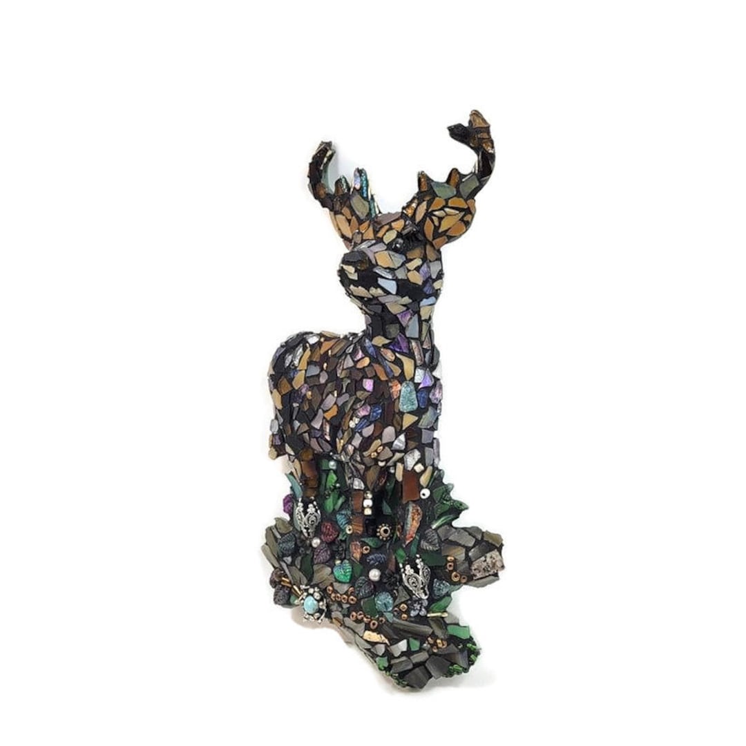 Mosaic Deer in the Forest, Wall Art, Young Buck With Antlers Done in