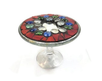 Red Stained Glass Mosaic Tray with Mirror, Vanity Decor