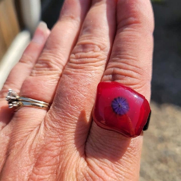 Red Fused Glass Flower Ring, Hematite Band, Size 7