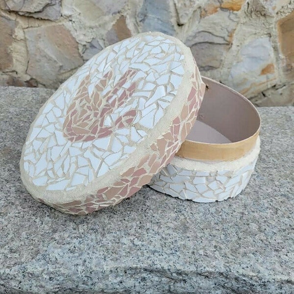 Boîte souvenir vintage pour carreaux de mosaïque, décoration shabby chic en bois courbé
