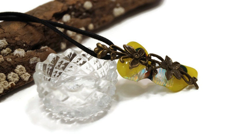 Yellow Fused Glass With Flower Charm Pendant Necklace, Dichroic, Irregular, Long, Funky Fashion, Nature Jewelry, Clear With Gold, Boho Vibe image 6