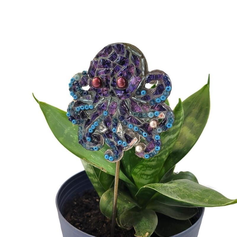 Octopus Stackable Markers Handmade Stained Glass Octopus Plant Stake Marker Beaded Faux Pearl ...
