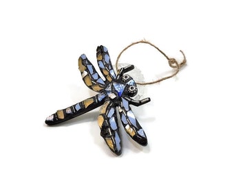 Mosaic Dragonfly Christmas Ornament, Boho Bug Insect Art, Blue Gold Stained Glass, Home Holiday Decor, Birthday Mother's Day, Country Life