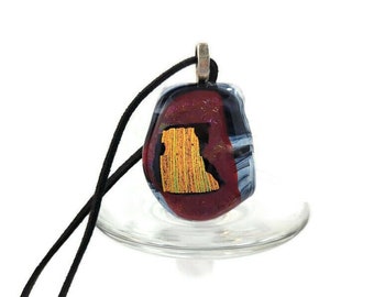 Dichroic Red Black And Gold Fused Glass Pendant Necklace, Shiny Jewelry, Hippie, Boho, Unisex, Birthday Gift, One Of A Kind, Wearable Art