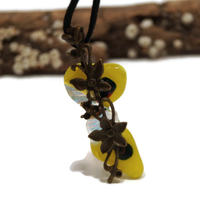 Yellow Fused Glass With Flower Charm Pendant Necklace, Dichroic, Irregular, Long, Funky Fashion, Nature Jewelry, Clear With Gold, Boho Vibe image 3