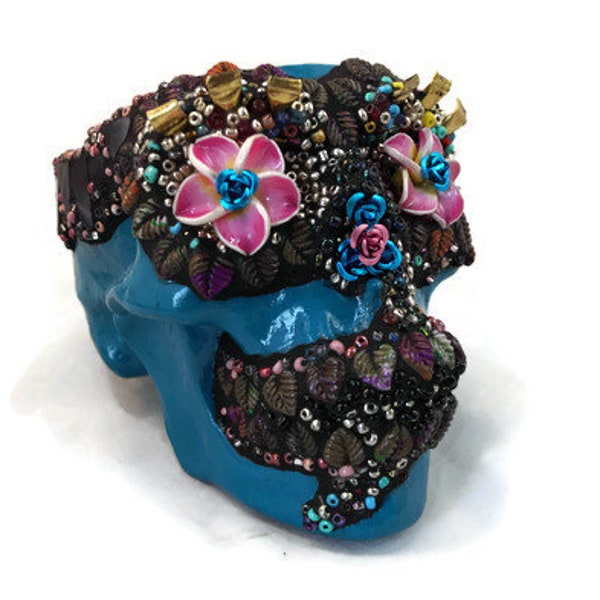 Mosaic Sugar Skull: Dish Bowl Day Of The Dead Gothic Whimsical Halloween Decor Sculpture
