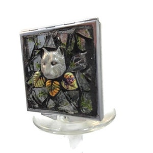 Mosaic Double Sided Compact Mirror With Clay Wolf Totem And Autumn Leaves, Clear With Green Stained Glass, Make Up, Square, Forest, Nature image 3