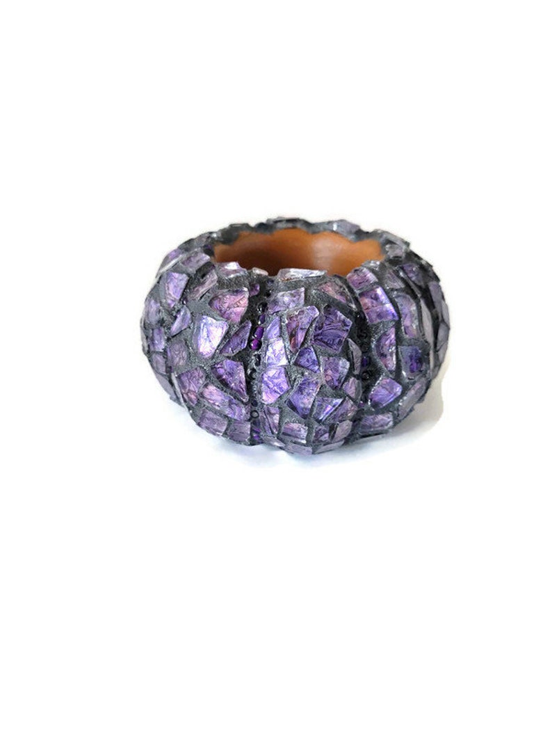 Mosaic Purple Stained Glass Fall Tea Light Pumpkin Figurine, Halloween And Thanksgiving Decor, Autumn Table Scape, Self Sitter, Art Decor zdjęcie 8